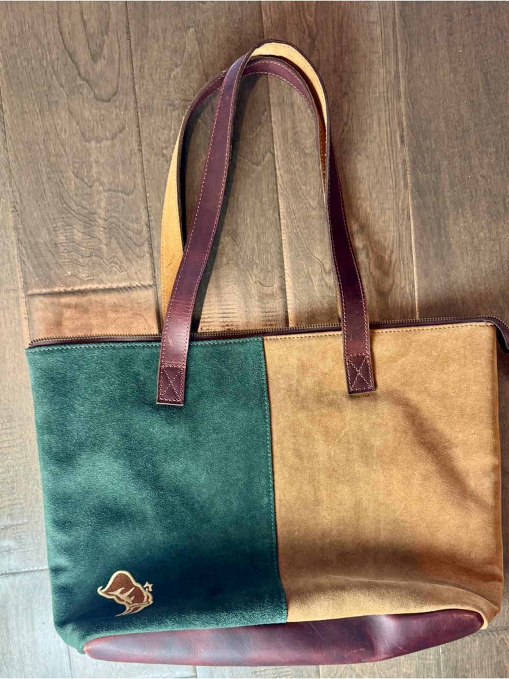 Two-Tone Green and Tan Suede Tote with Brown Leather Straps with Boot Emblem